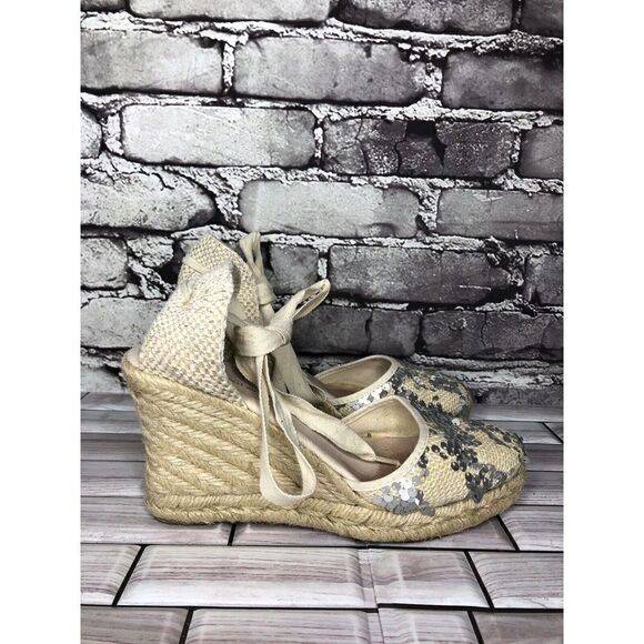 Saks Fifth Ave Ivory Fabric Sequin Ankle Lace Wedge Espadrilles Sandals Women 6M - Picture 7 of 16